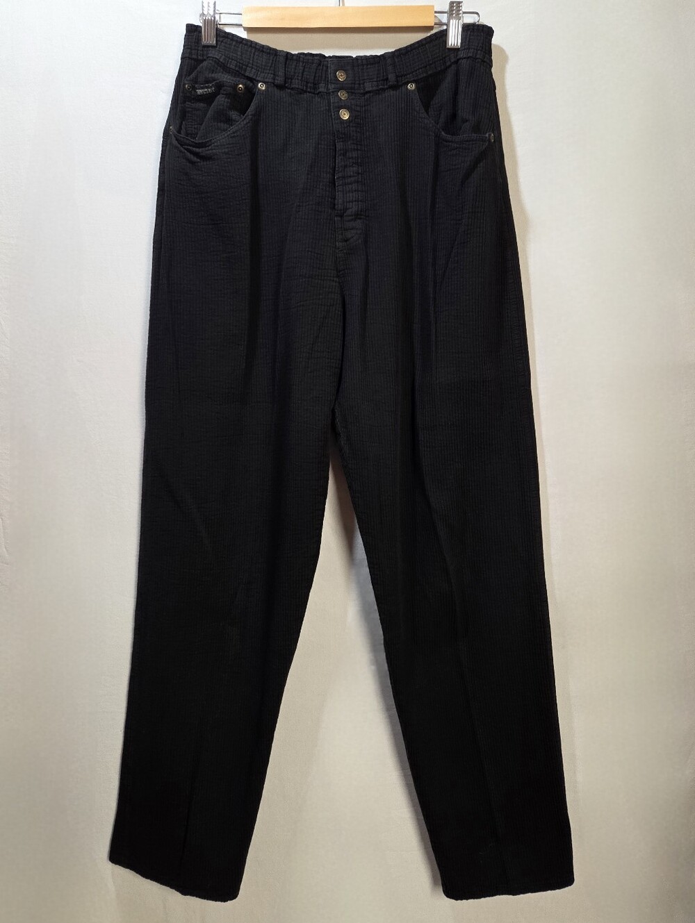 Vintage 90s Ezze Wear Textured Cotton Pants Snap Button Fly Tapered Black Sz Lg
